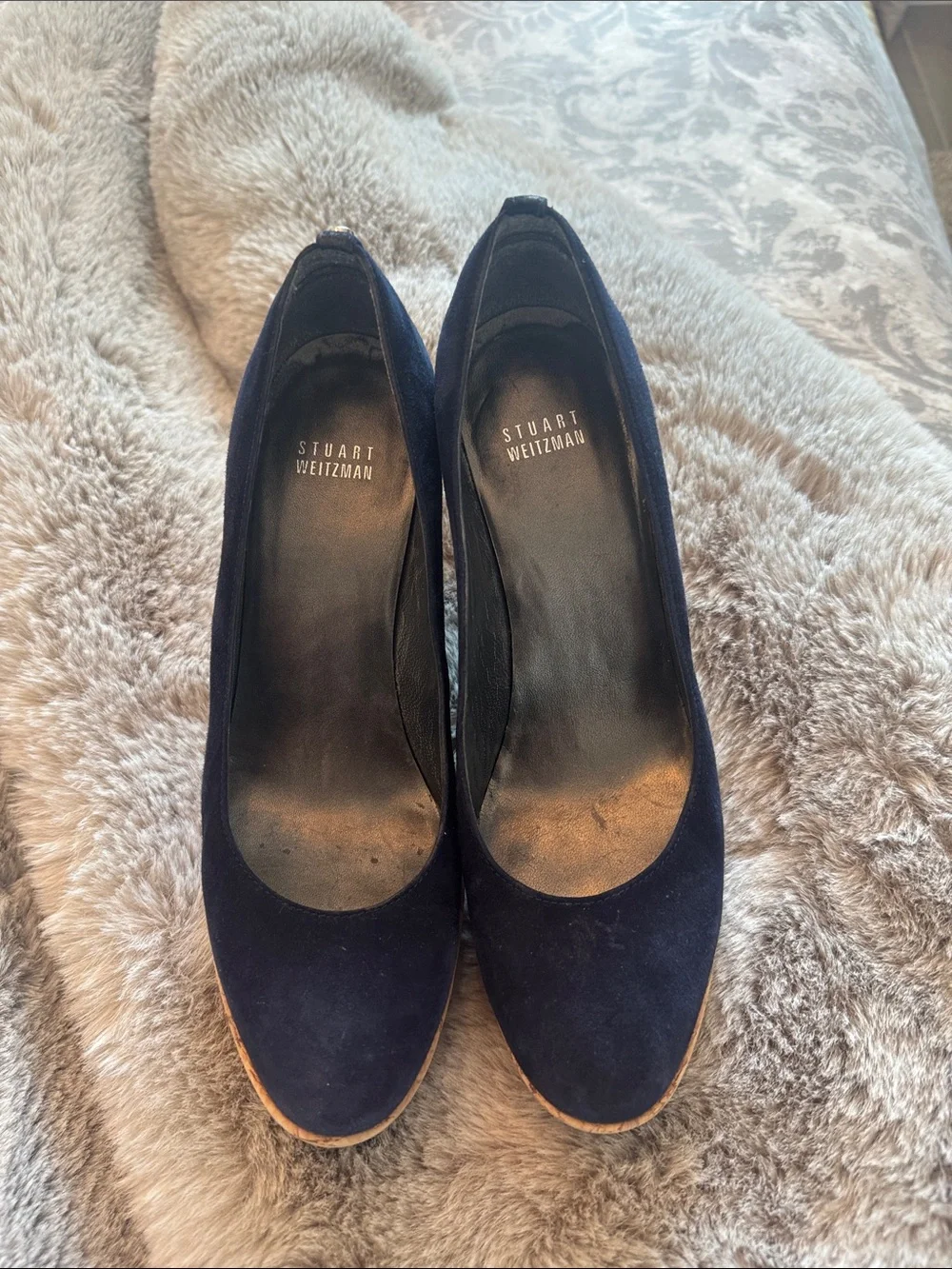 Stuart Weitzman Navy Suede Cork Wedge Pumps